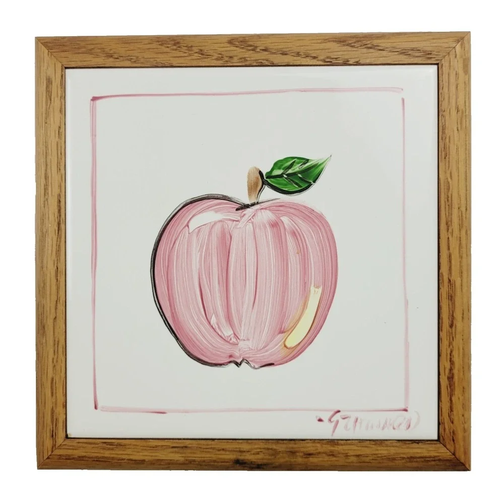 Vintage 90s Apple Tile Howard Originals 1992 Hand Painted wooden Framed wall Art